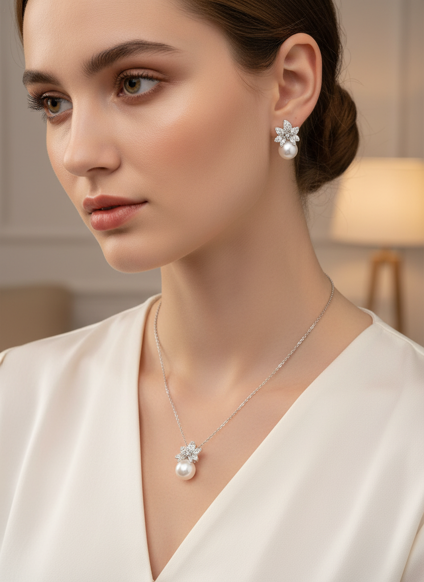 Silver Flower with Pearl Necklace Set