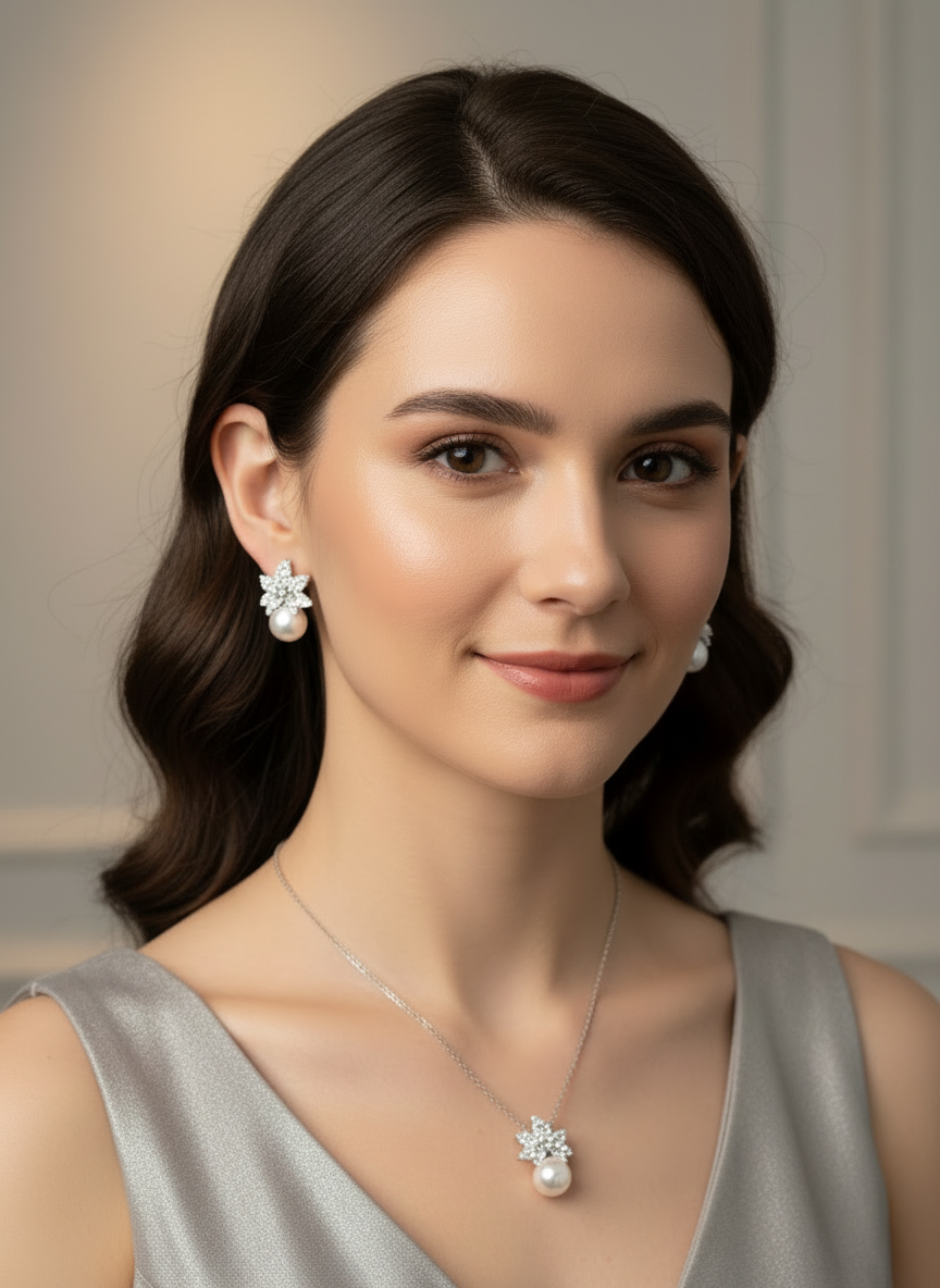 Silver Flower with Pearl Necklace Set