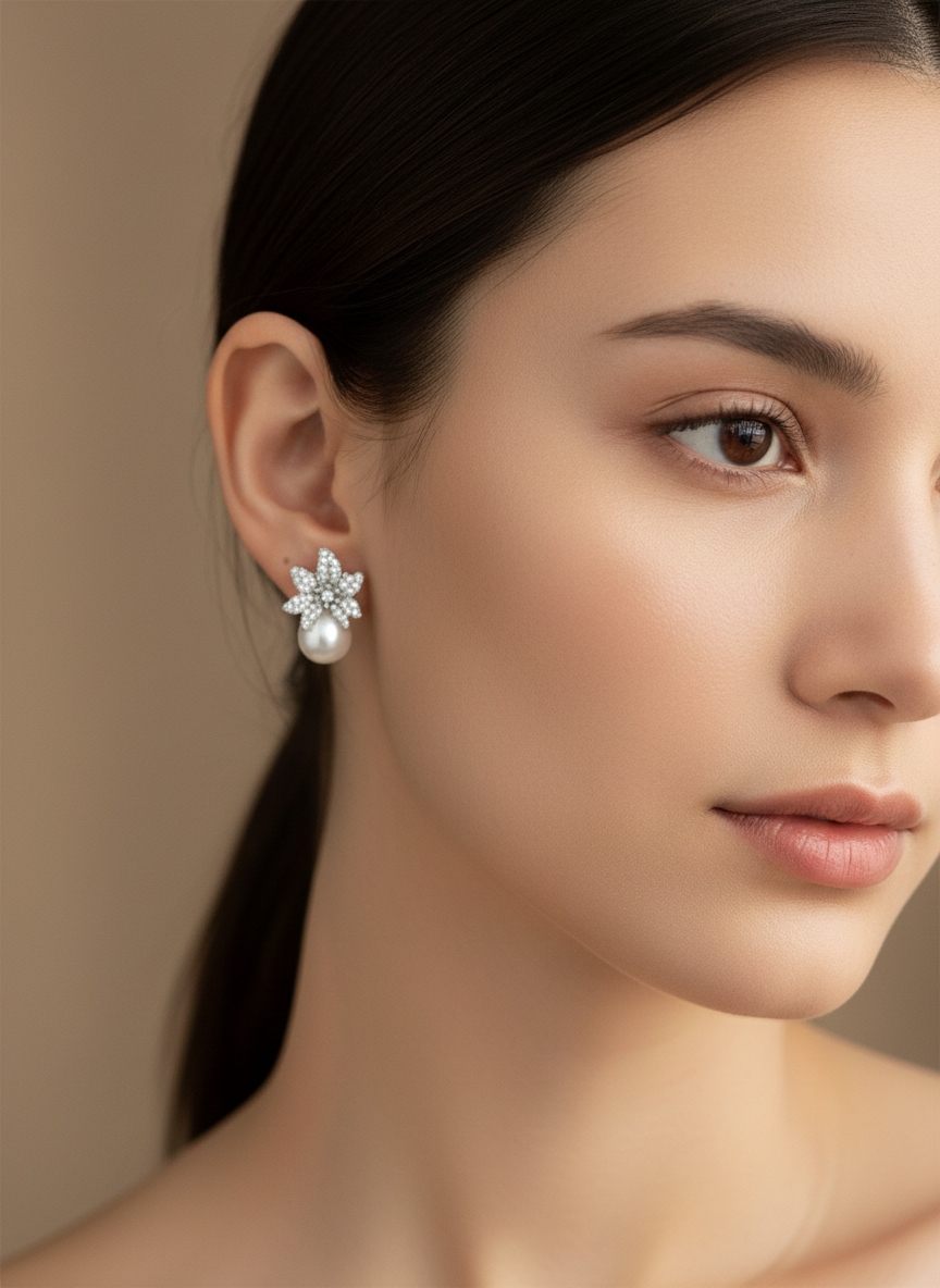 Silver Flower with Pearl Necklace Set